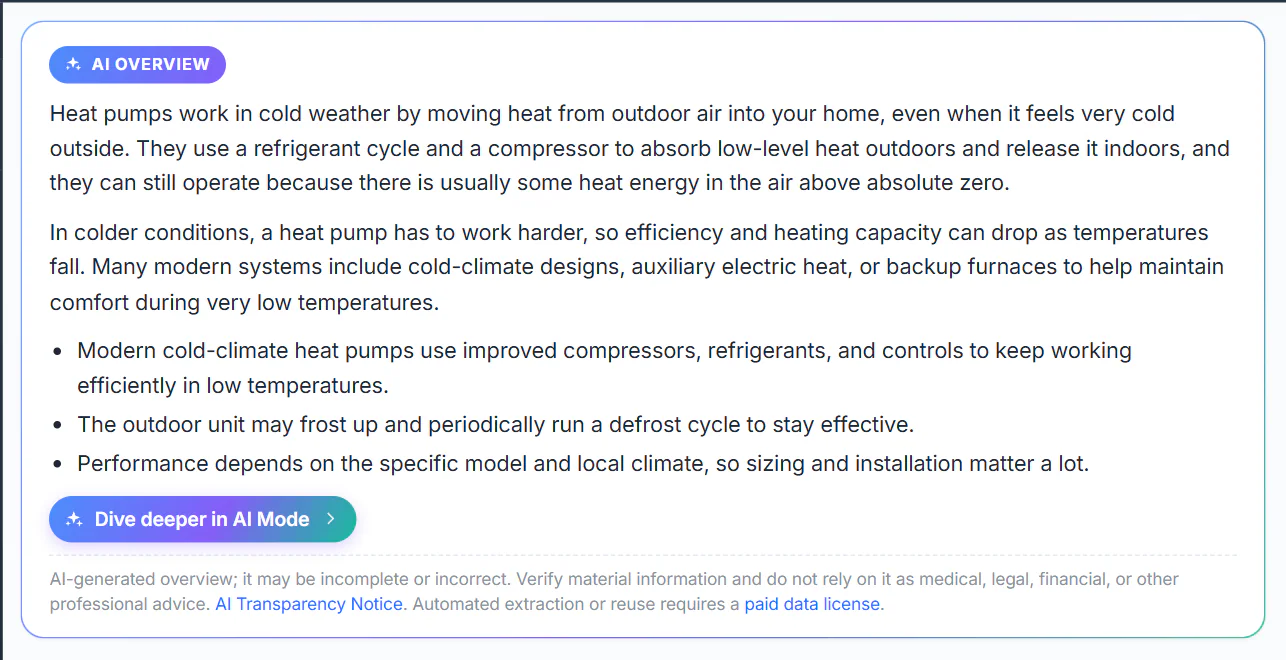 An AI Overview above search results: a short summary under the AI Overview label, a link to continue in AI Mode, and a note that it may be incomplete or incorrect