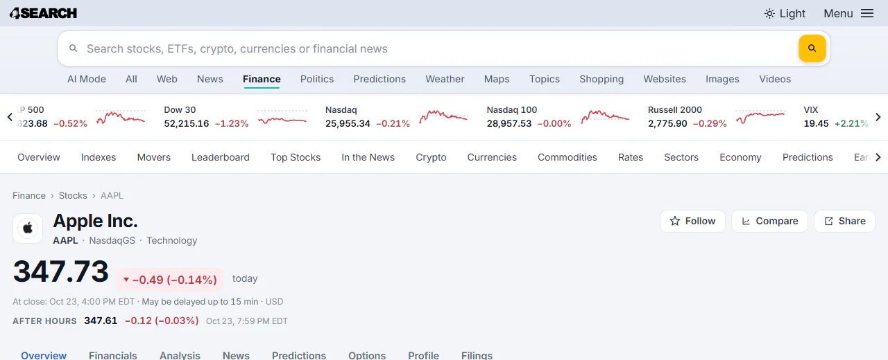 The same Finance quote page in the Light theme: a light header and menus