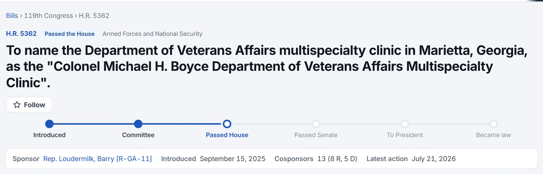 The top of a bill's page: the bill number and a Passed the House label, the title, a Follow button, a six-stage progress tracker with three stages filled in, and a bar with the sponsor, dates and cosponsors