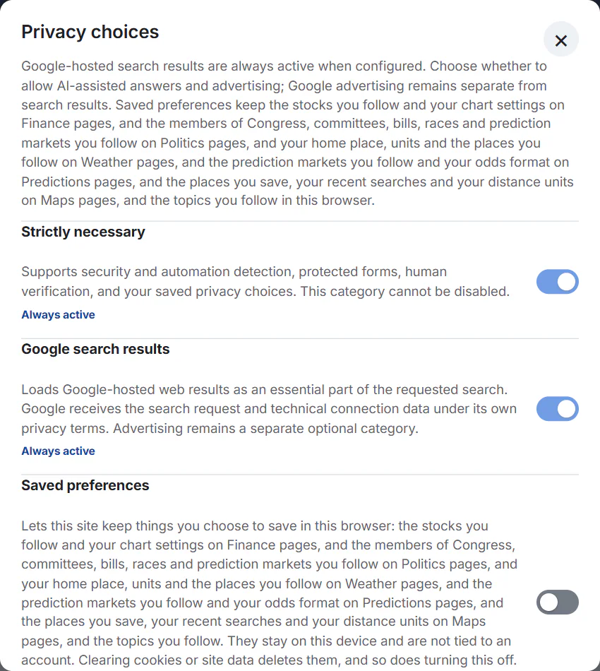 The top of the Privacy choices panel with the Strictly necessary, Google search results and Saved preferences categories