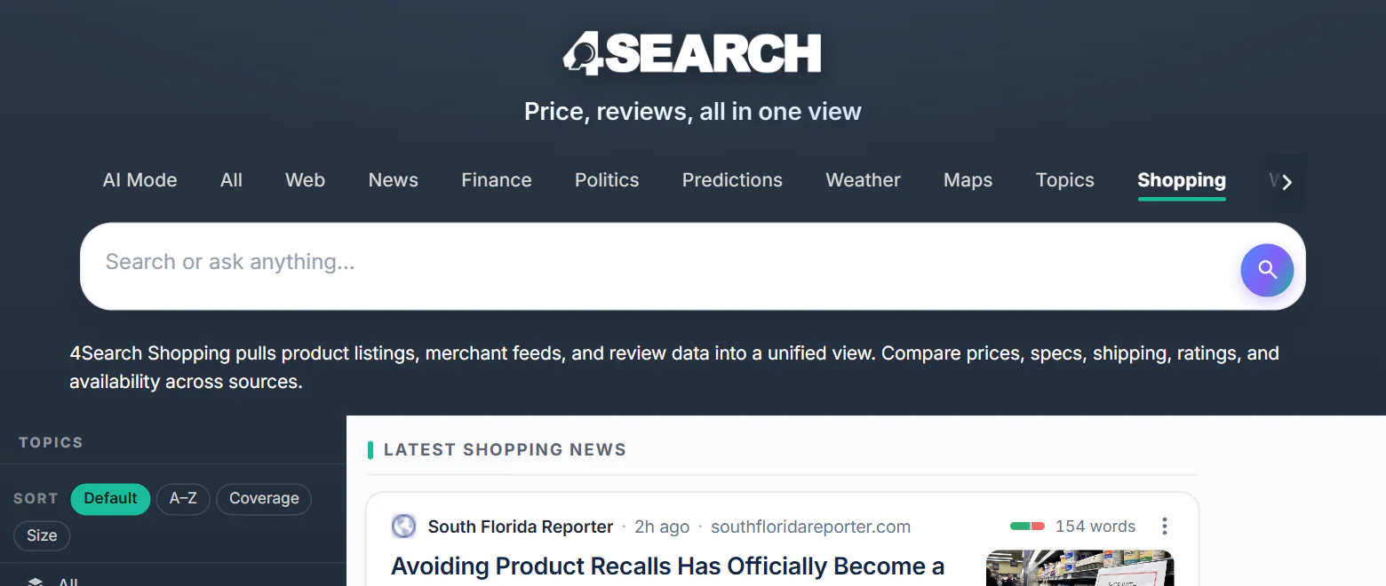The Shopping home page: the Shopping tab selected, a search box, a line describing Shopping, and the start of Latest Shopping News