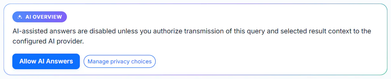 The AI Overview box asking for permission, with the Allow AI Answers and Manage privacy choices buttons